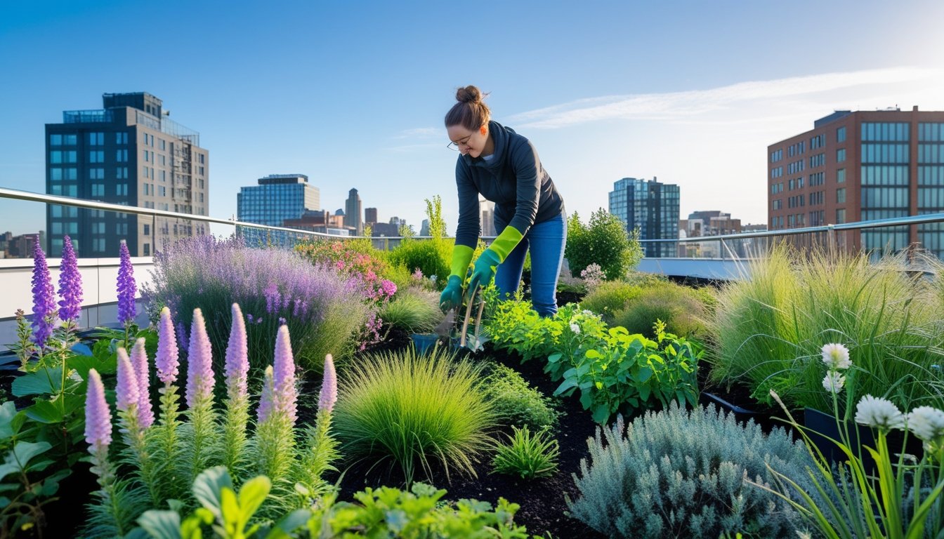 A rooftop garden in a UK city with native plants and a person tending to them surrounded by buildings.