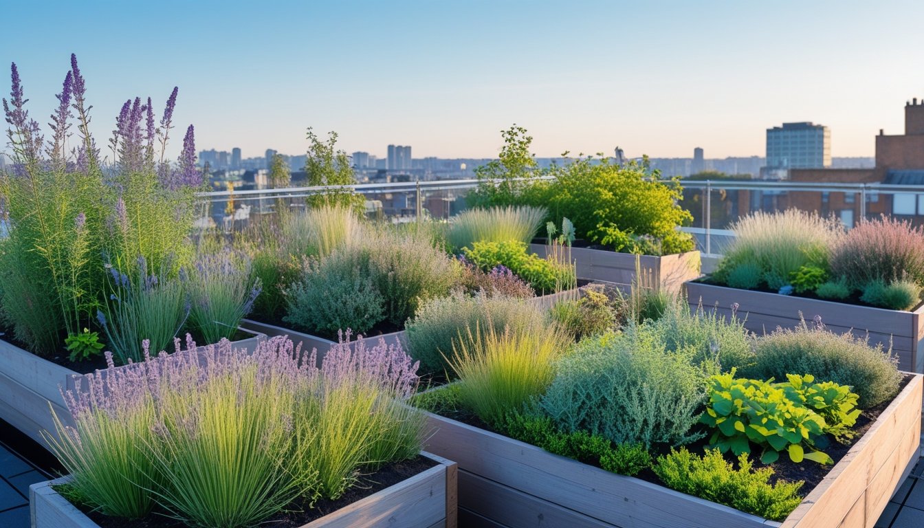 A rooftop garden in the UK with native plants growing in wooden planters against a city skyline under a clear sky.
