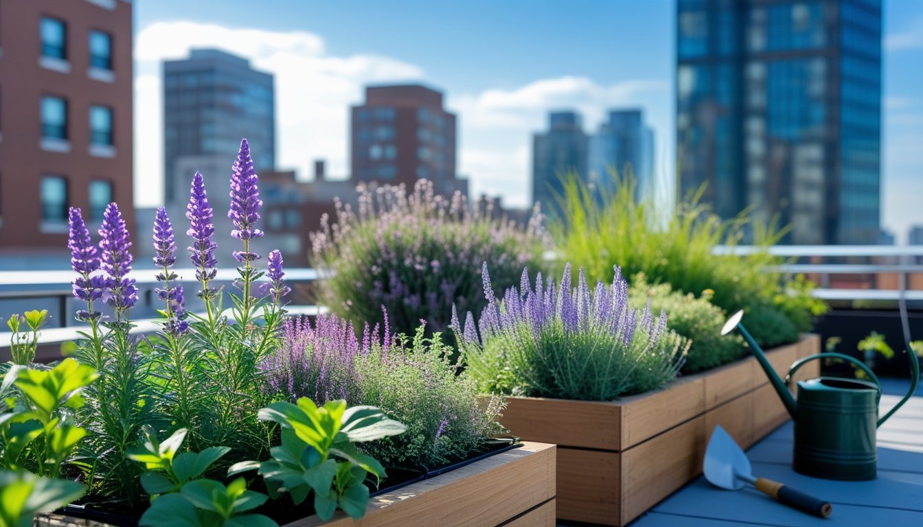 A rooftop garden with native UK plants growing in planter boxes overlooking a city skyline on a clear day.