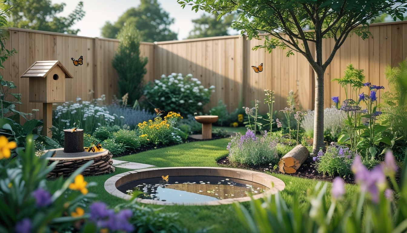 A modern UK garden with native plants, a birdhouse, birdbath, log pile, and a robin perched on a branch.