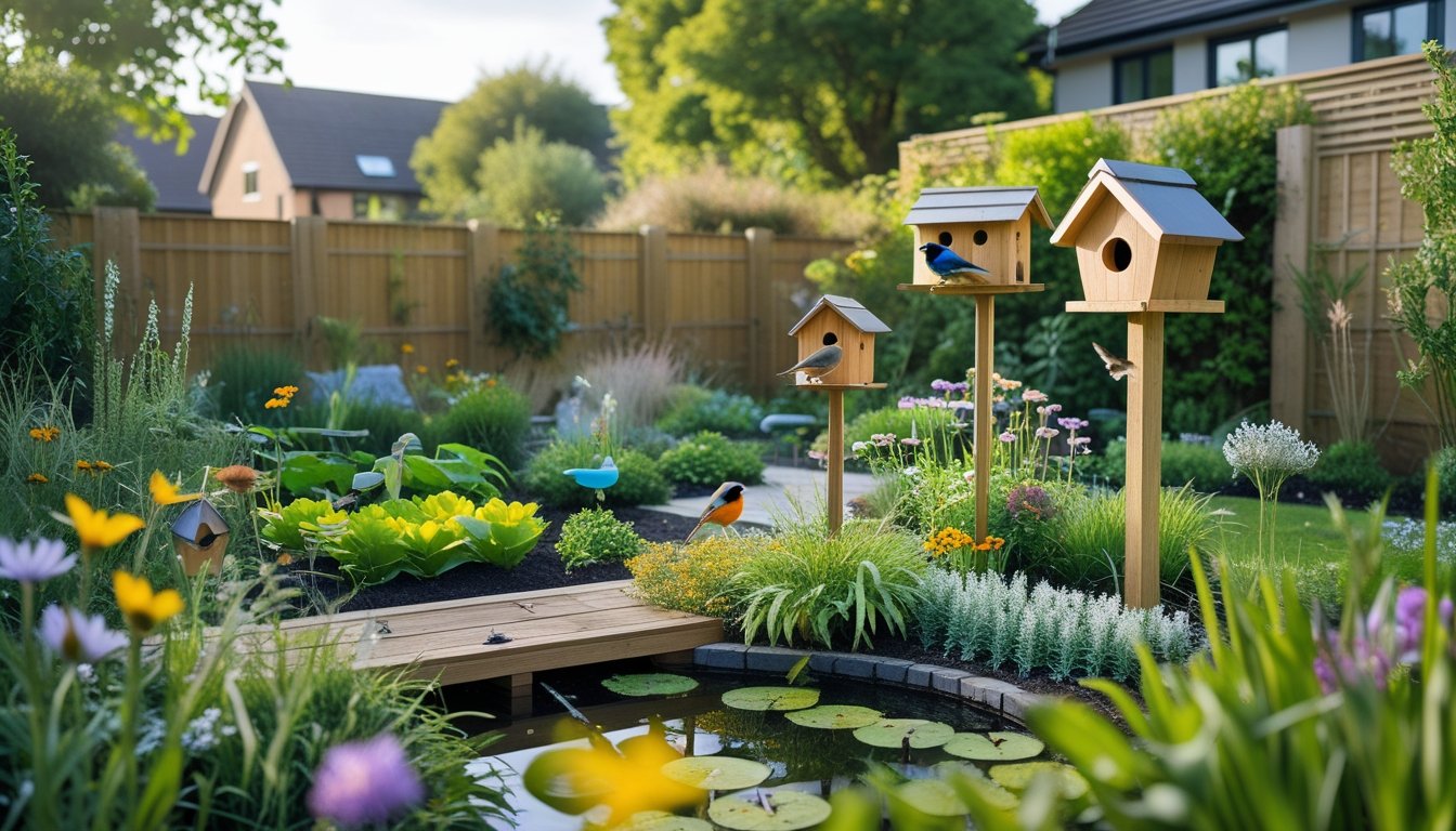 A modern UK garden with native plants, bird feeders, a small pond, and birds, showing a wildlife sanctuary.