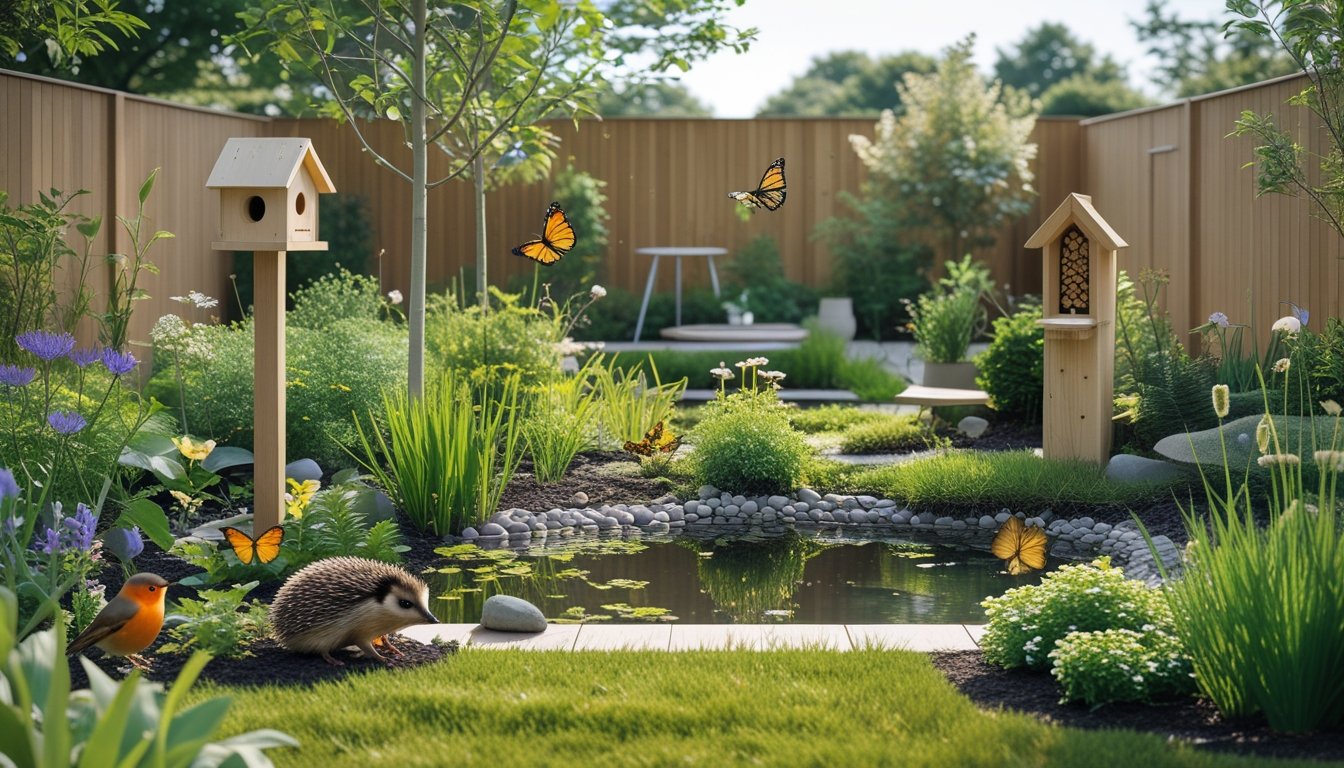A modern UK garden with native plants, a pond, birdhouse, and small wildlife including a robin, hedgehog, butterflies, and bees.