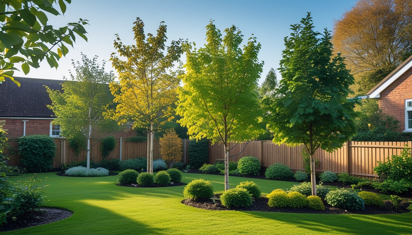 A small UK garden with various native shade trees, green grass, flower beds, and a wooden fence under a clear sky.