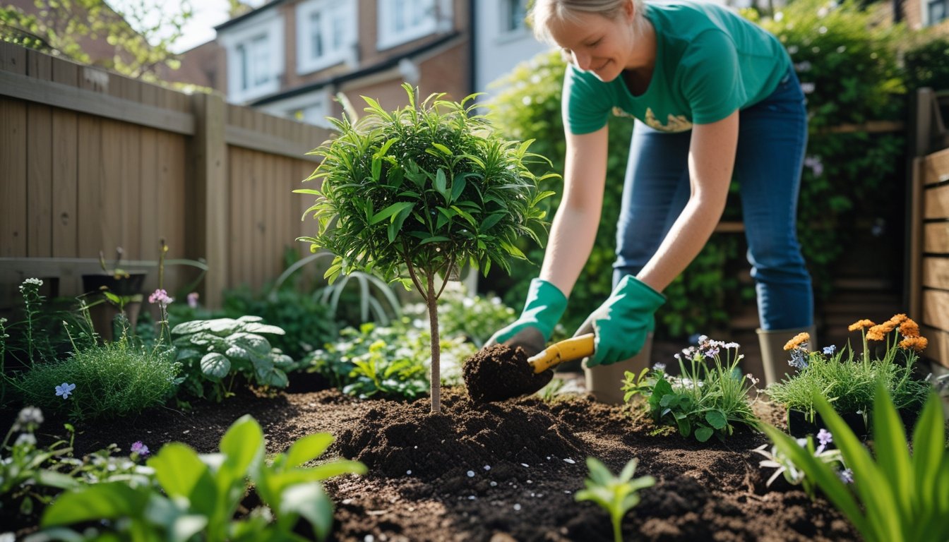 A person planting a small native UK shade tree in a compact garden with green plants and a wooden fence in the background.