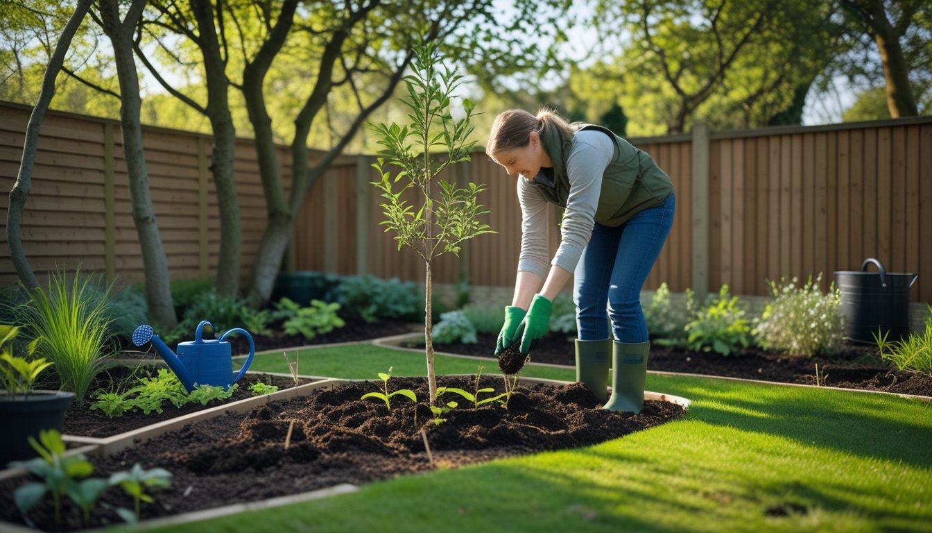 A person planting a young native shade tree in a small UK garden with gardening tools nearby and mature trees in the background.