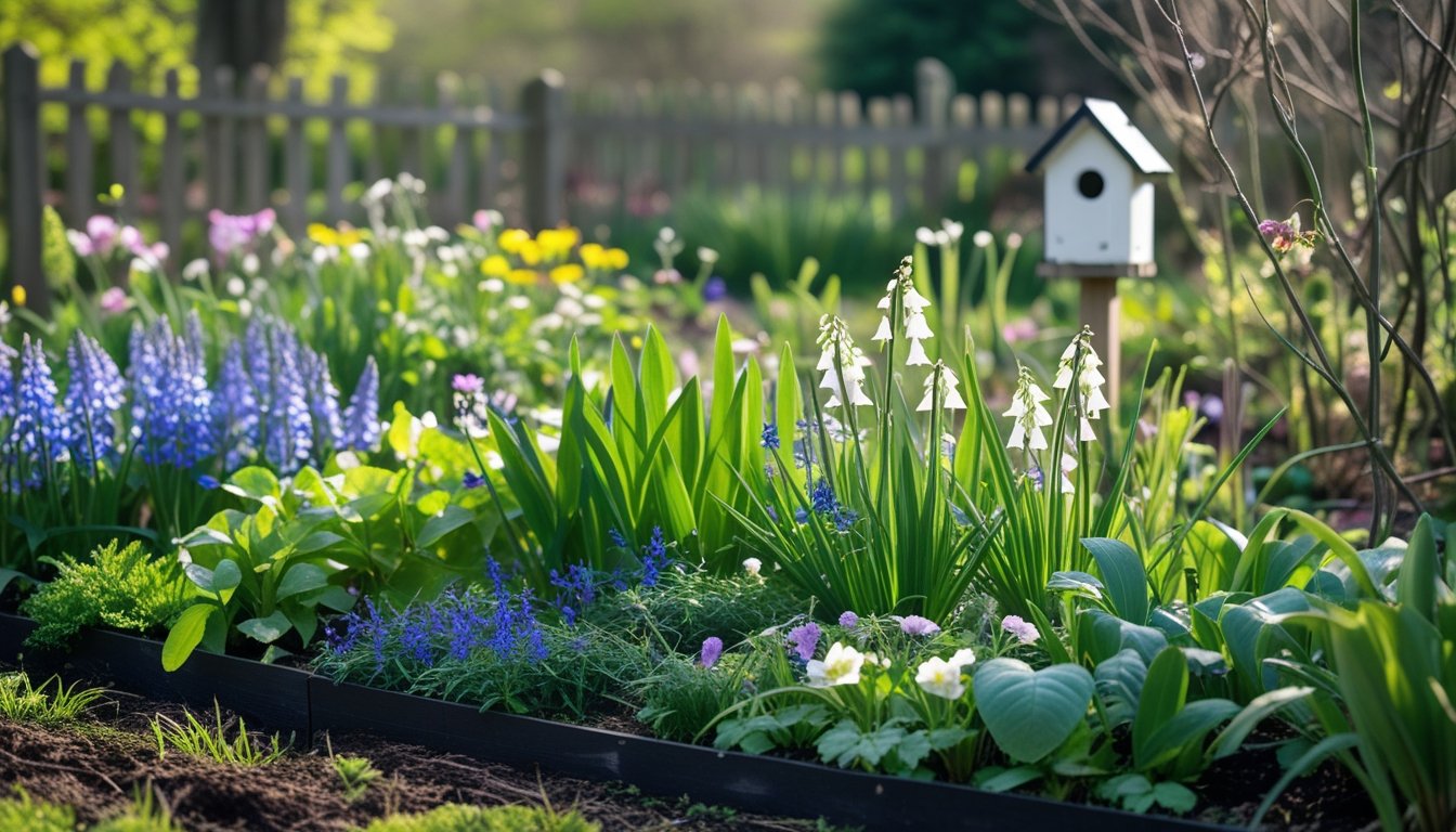 A colourful UK native plant garden with bluebells, foxgloves, and wildflowers under soft sunlight, featuring a wooden fence and birdhouse in the background.