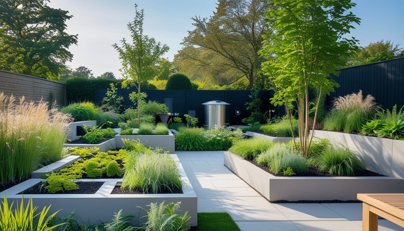 A modern outdoor garden with native UK plants, wooden furniture, stone pathways, and mature trees under a clear blue sky.