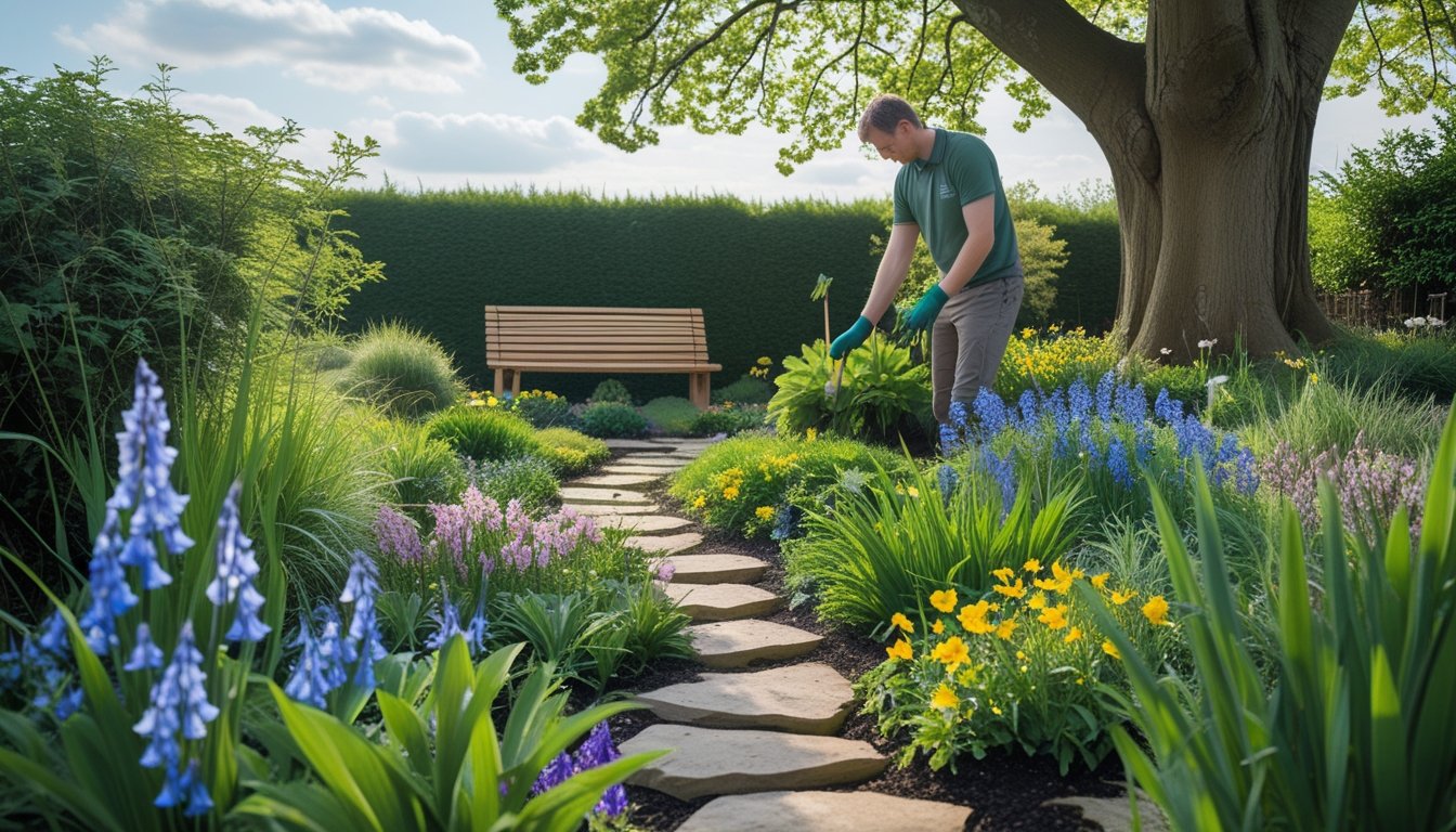 A gardener tending to a colourful native UK plant garden with wildflowers and greenery under a sunny sky.