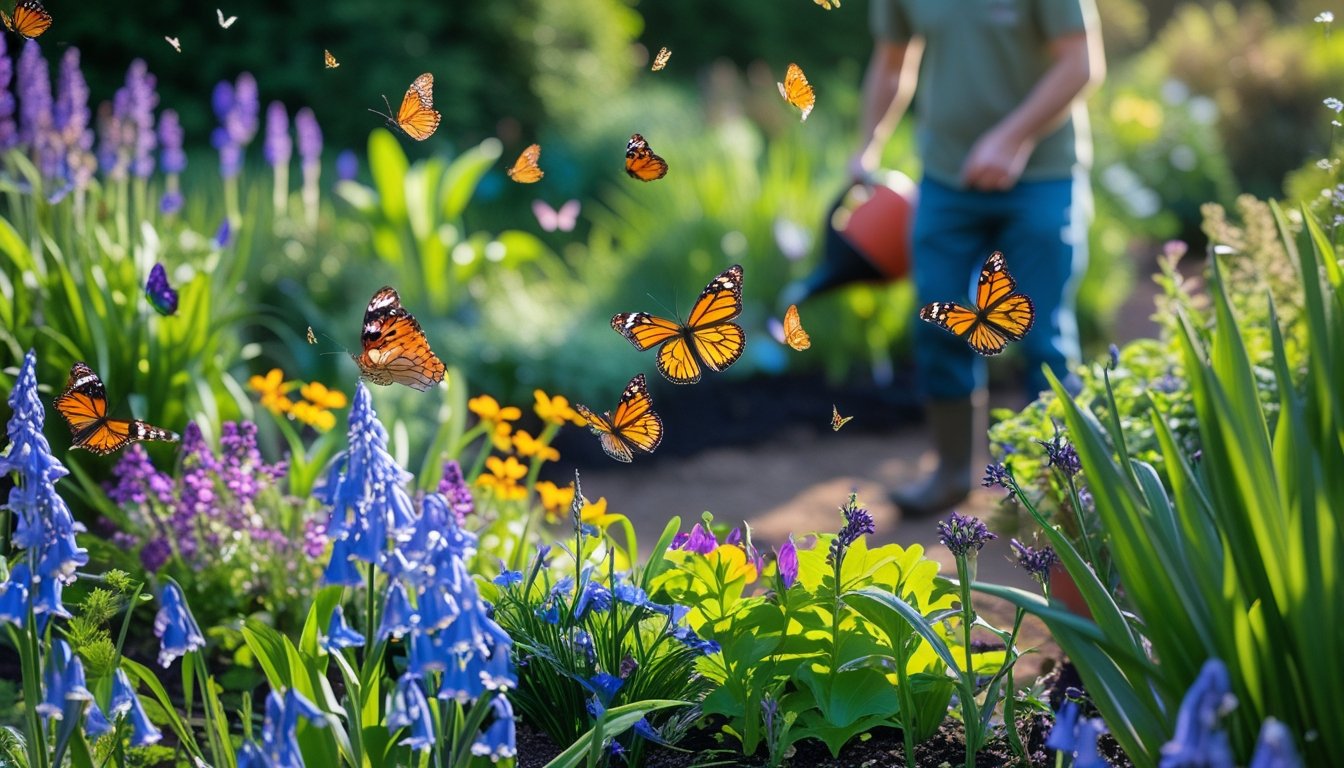 A colourful butterfly garden with native UK butterflies flying among blooming flowers and a gardener watering plants.