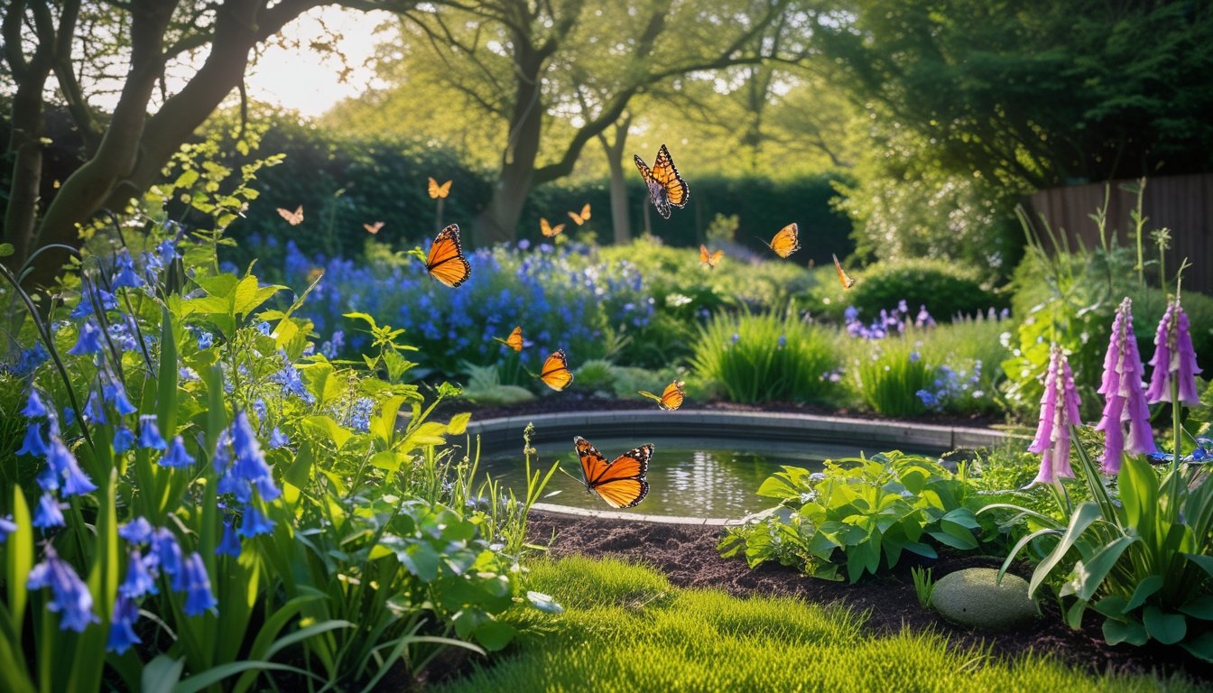 A colourful UK garden with native butterflies flying among wildflowers and greenery on a sunny day.