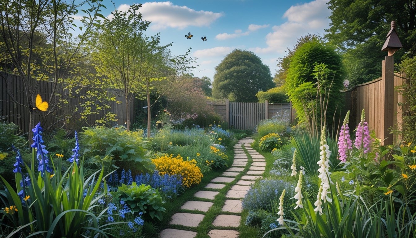 A native UK garden with green plants, colourful flowers, a stone pathway, a wooden fence, and insects flying among the plants.