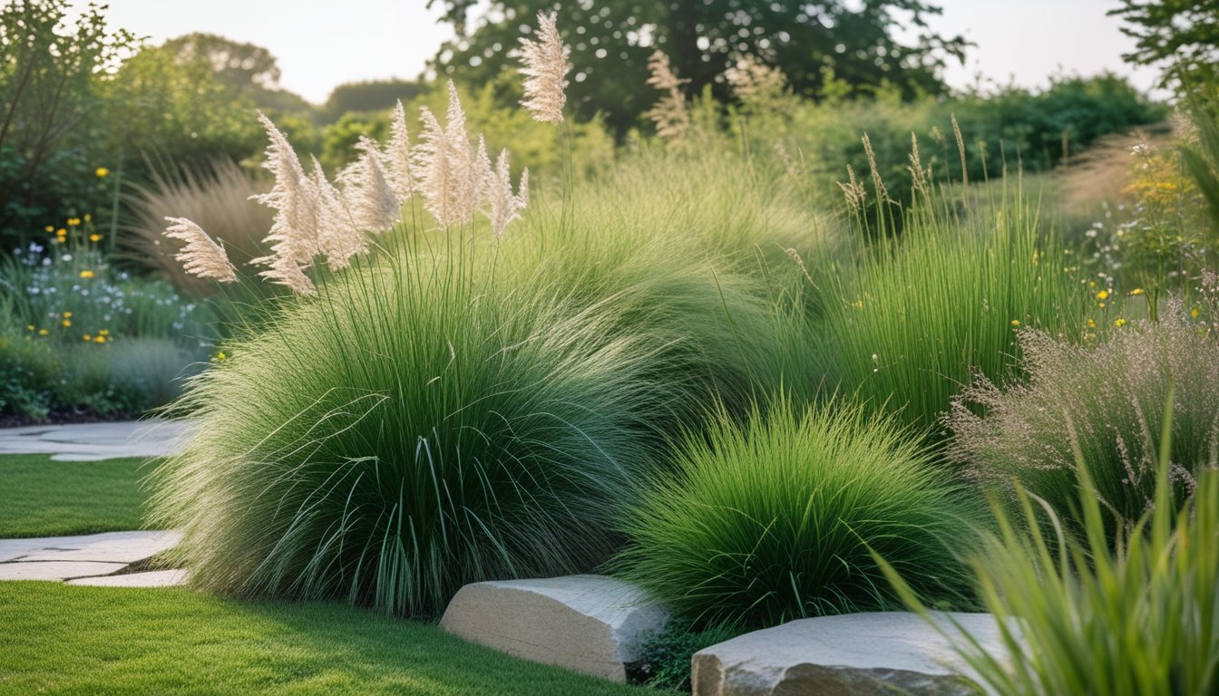 A native UK garden with various ornamental grasses growing alongside stone pathways and native wildflowers.