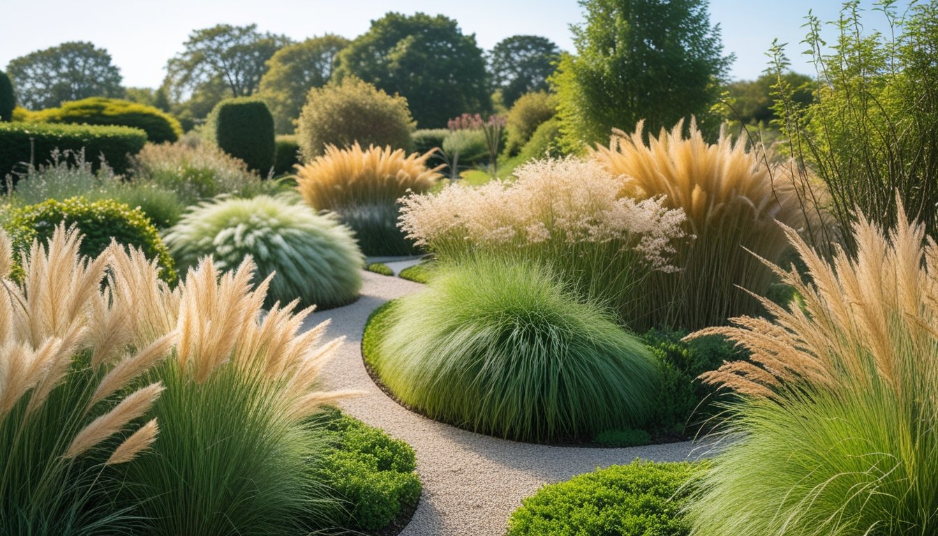 A peaceful native UK garden with various ornamental grasses and natural stone paths under clear daylight.