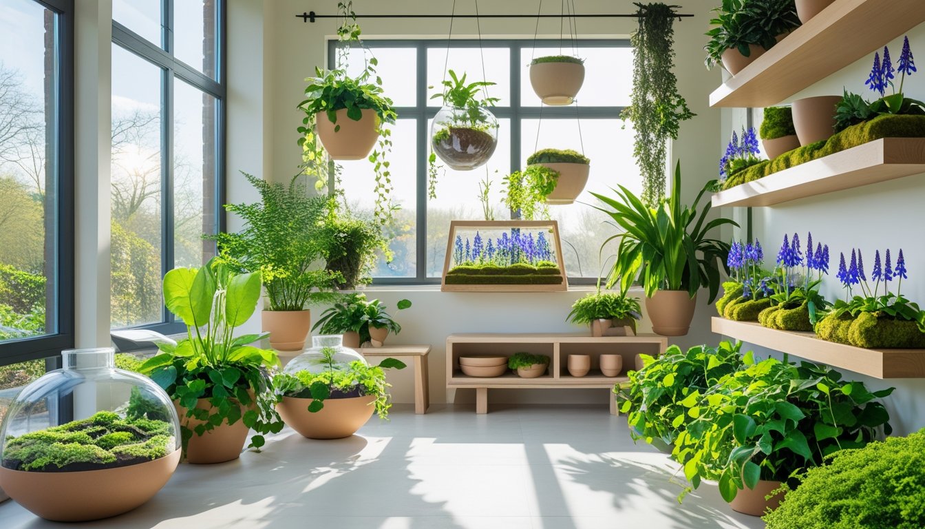 A modern indoor room filled with various UK native plants arranged in pots, hanging planters, and terrariums, with sunlight coming through large windows.