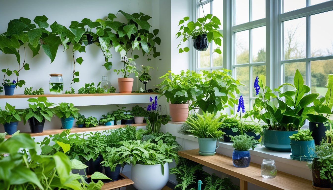 A bright indoor room filled with various UK native plants on shelves and stands, with natural light coming through large windows and small insects near the plants.