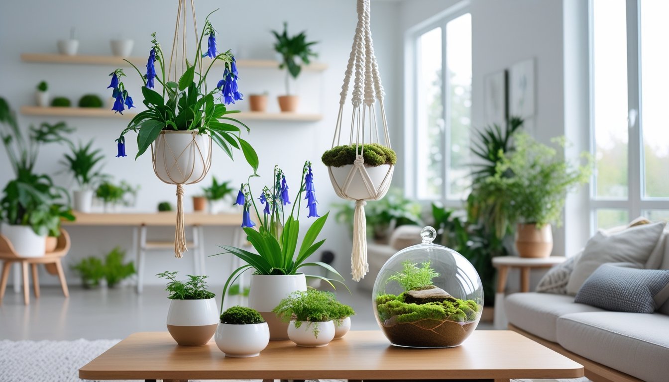 Indoor living room with UK native plants arranged in pots, hanging planters, and a terrarium, featuring natural light and wooden furniture.