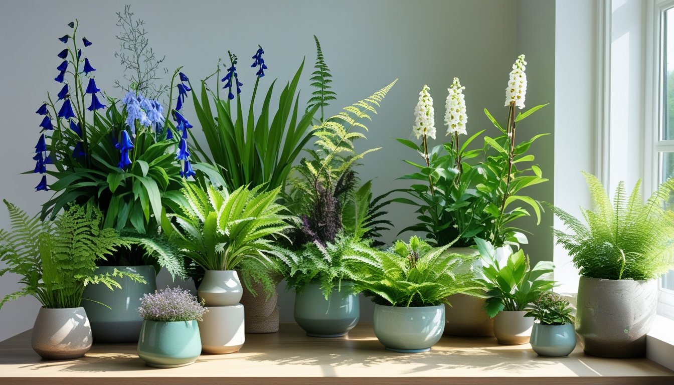A variety of native UK plants in pots arranged on a wooden table near a bright window inside a modern home.