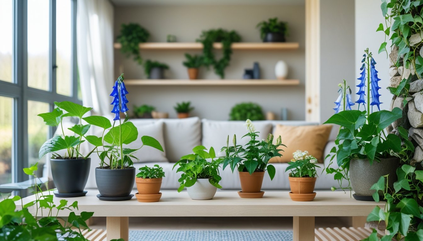 A bright living room with large windows filled with various native UK plants in pots on shelves and a coffee table, creating a calm and natural home environment.