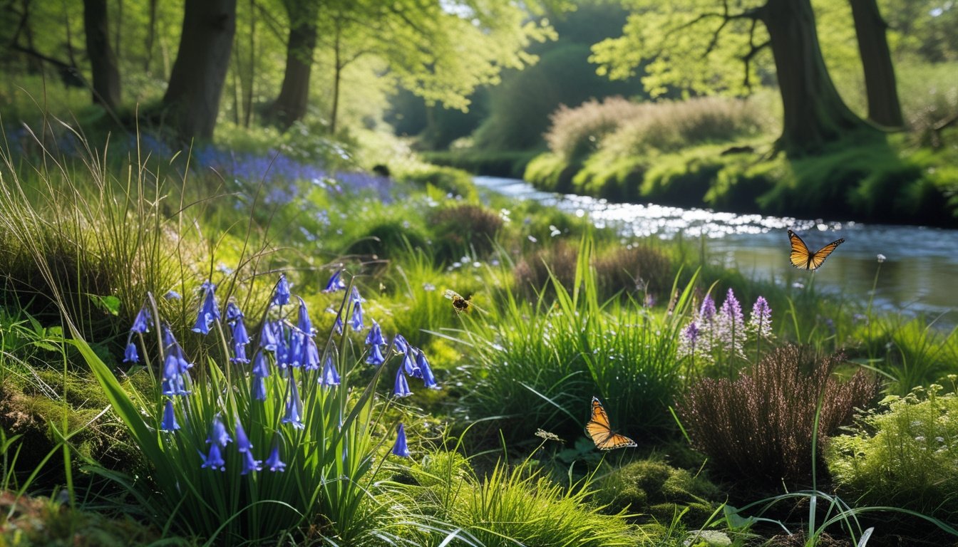 A woodland scene with native UK plants including bluebells and oak trees, sunlight filtering through the canopy, a clear stream flowing, and insects like bees and butterflies among wildflowers.