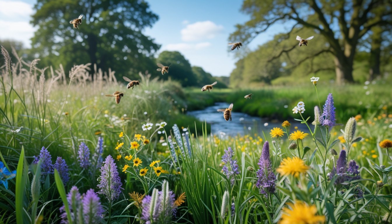 A UK countryside scene with native wildflowers, grasses, pollinating insects, a stream, and trees in natural surroundings.