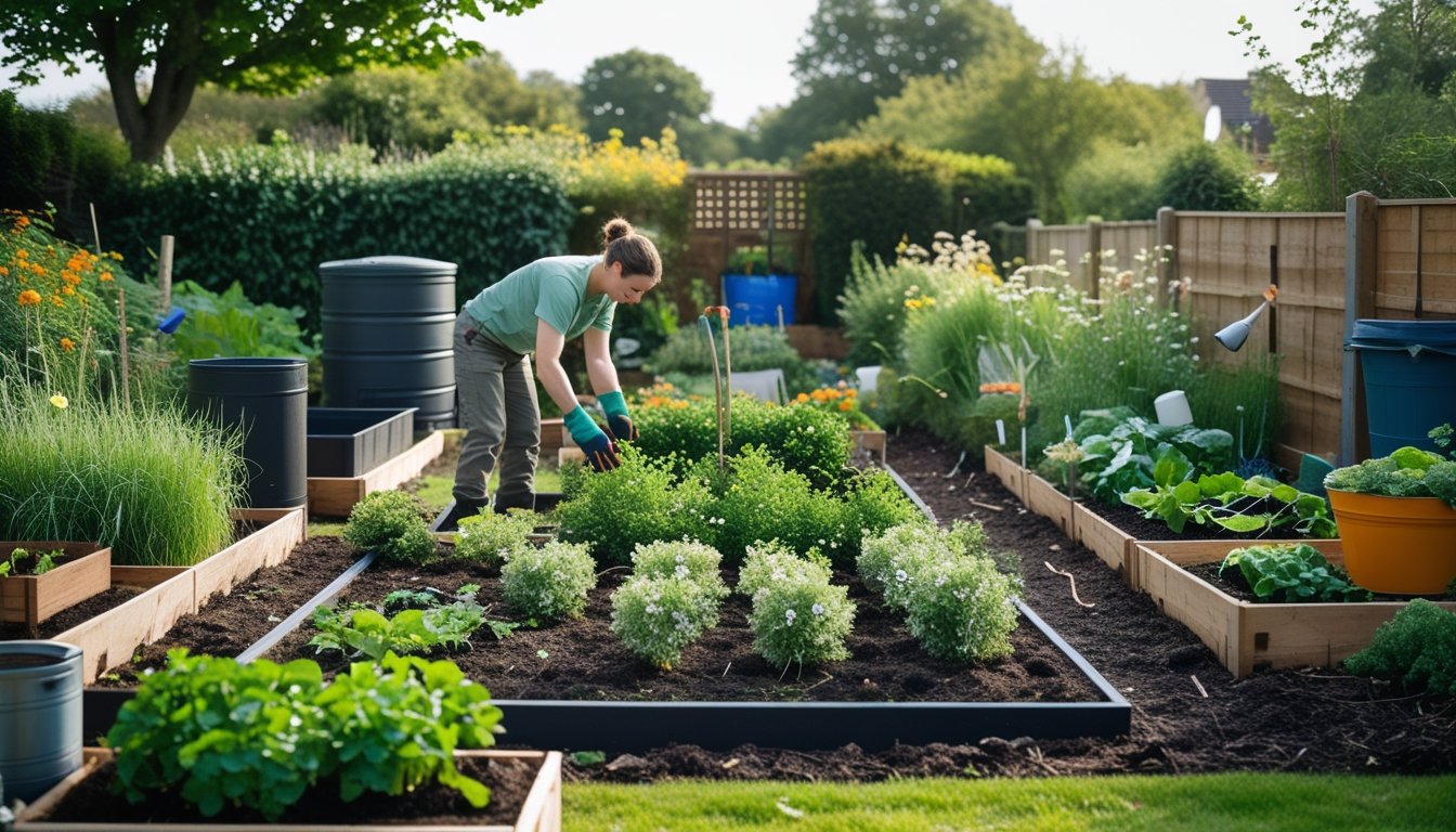 A person planting shrubs in a UK garden with native plants, vegetable patch, compost bins, and eco-friendly gardening tools.