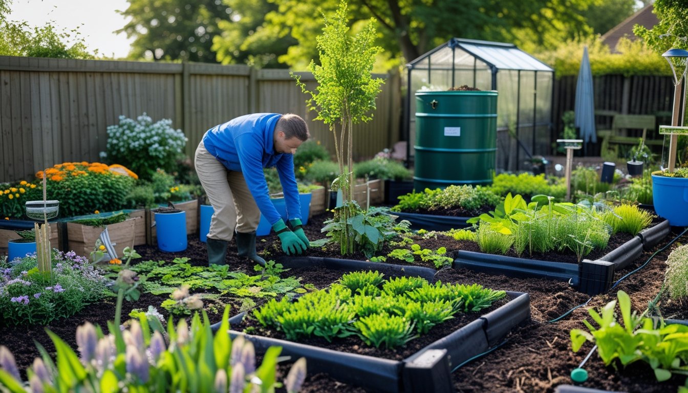 A gardener planting native UK plants in a suburban garden with compost bins, rainwater barrels, and solar garden lights visible.