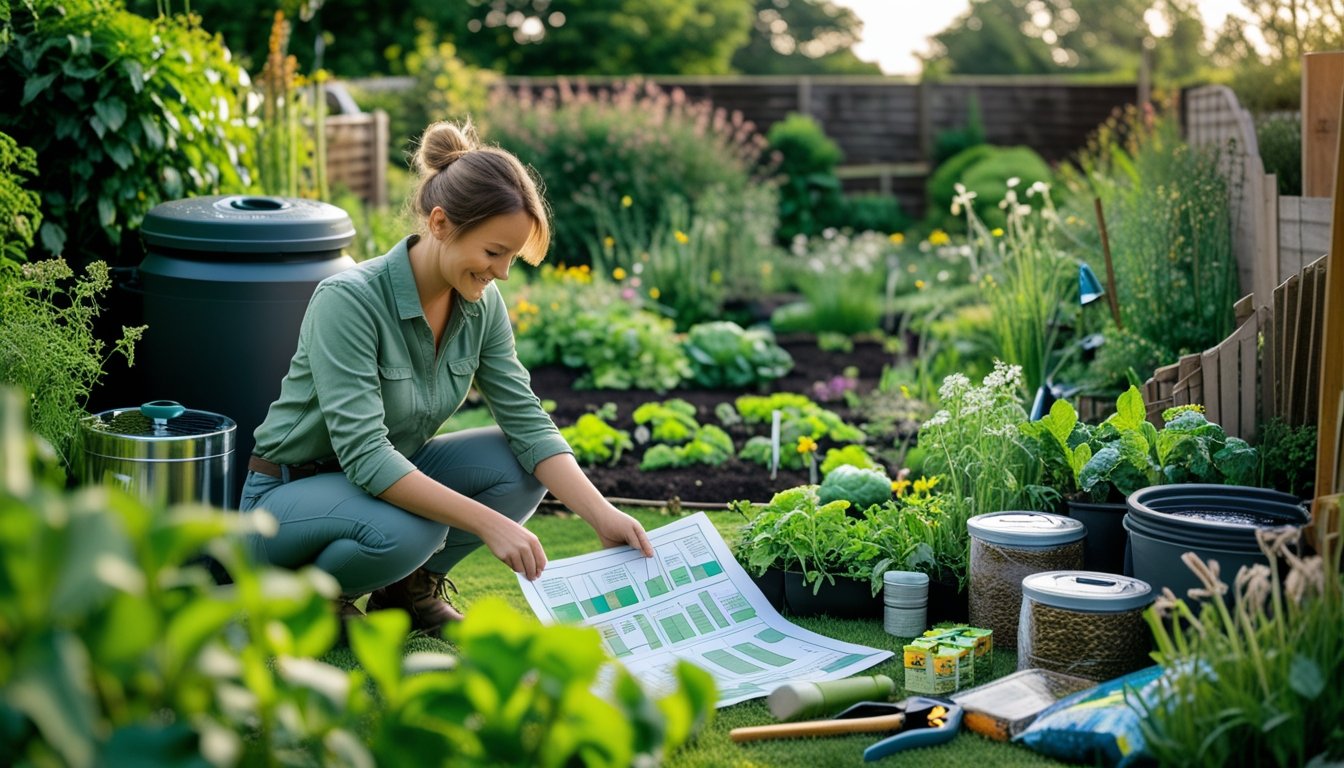 Person planning a sustainable garden makeover outdoors surrounded by native plants, gardening tools, and eco-friendly features.