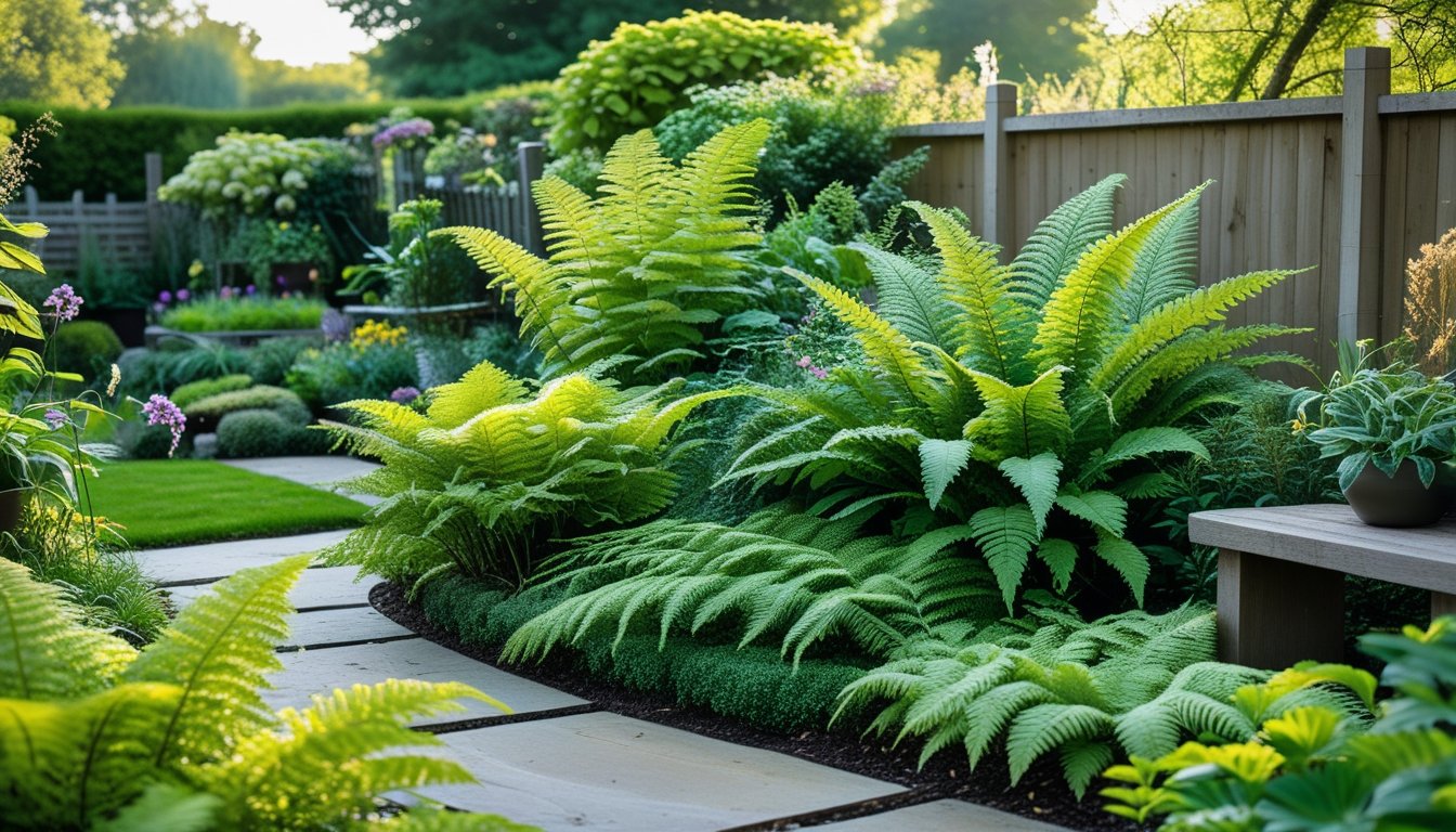 A UK garden with various native ferns growing among flowers and shrubs, featuring a stone path and wooden garden elements under natural daylight.