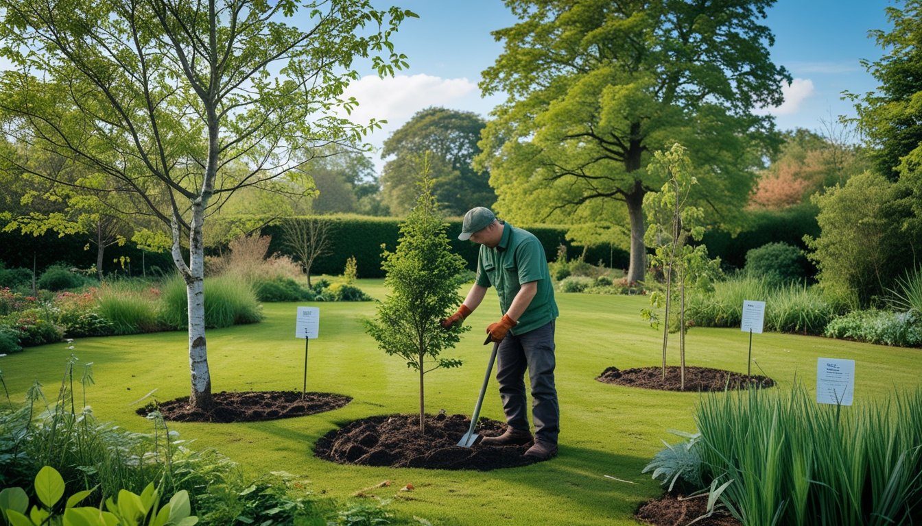 A gardener examining a young native tree sapling in a lush UK garden with various native trees and plants around.