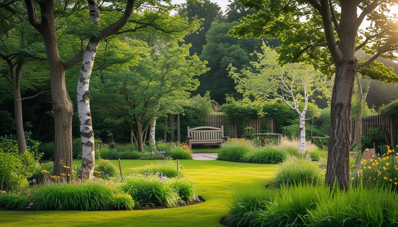 A peaceful UK garden with several native trees, green grass, wildflowers, a wooden bench, and a rustic fence.