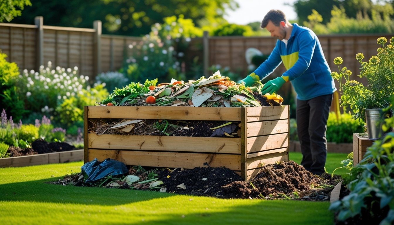A gardener adding vegetable scraps to a wooden compost bin in a green UK garden with plants and a wooden fence.