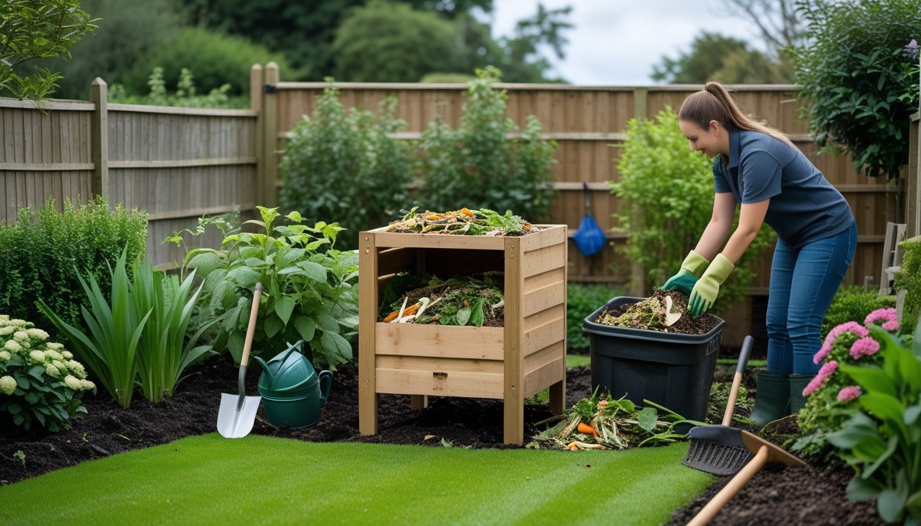 A UK garden with a wooden compost bin filled with garden waste, a gardener adding scraps, green plants, and gardening tools nearby.