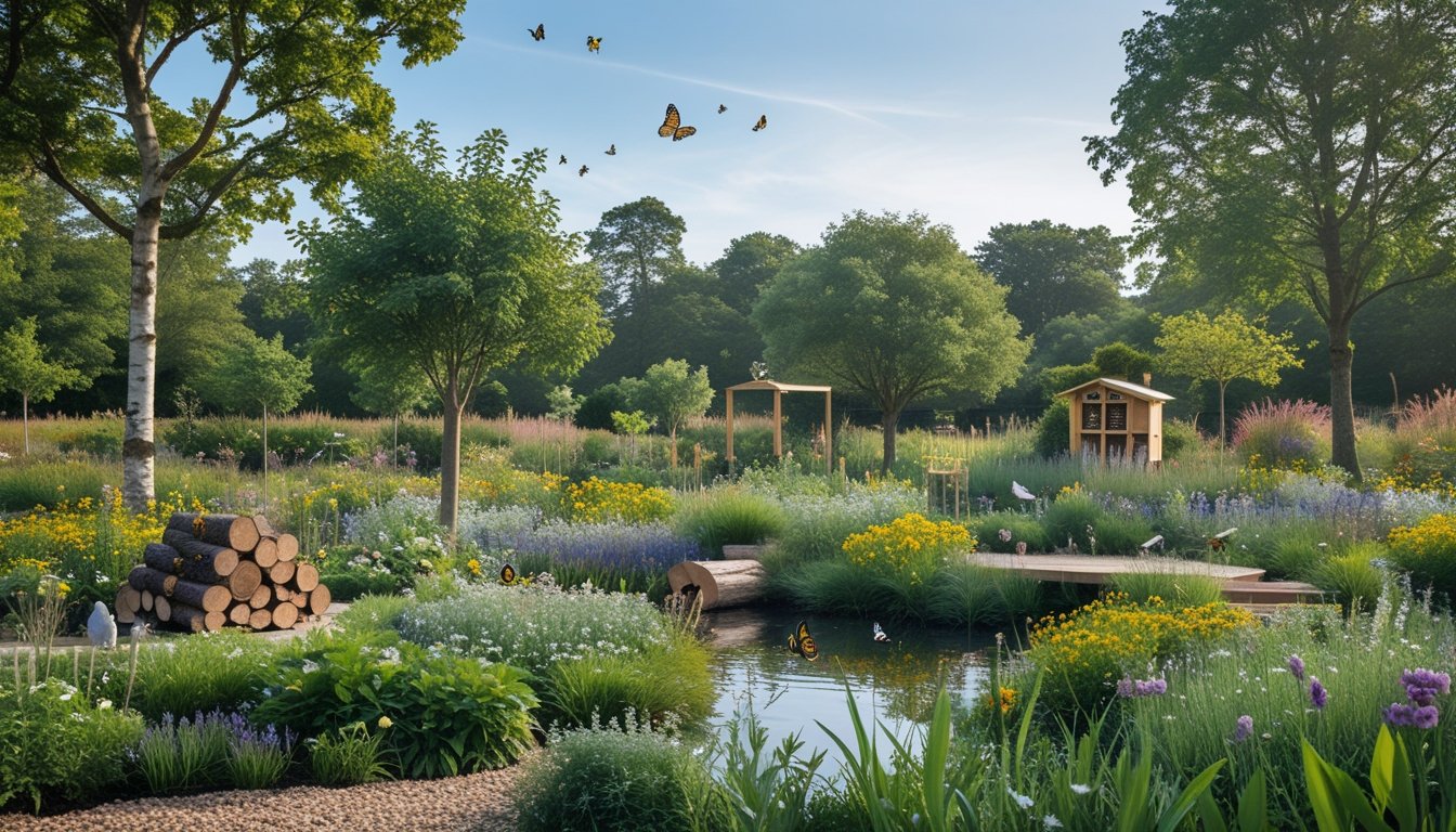 A UK garden with native trees, wildflowers, a pond, and wildlife including birds, butterflies, and bees.
