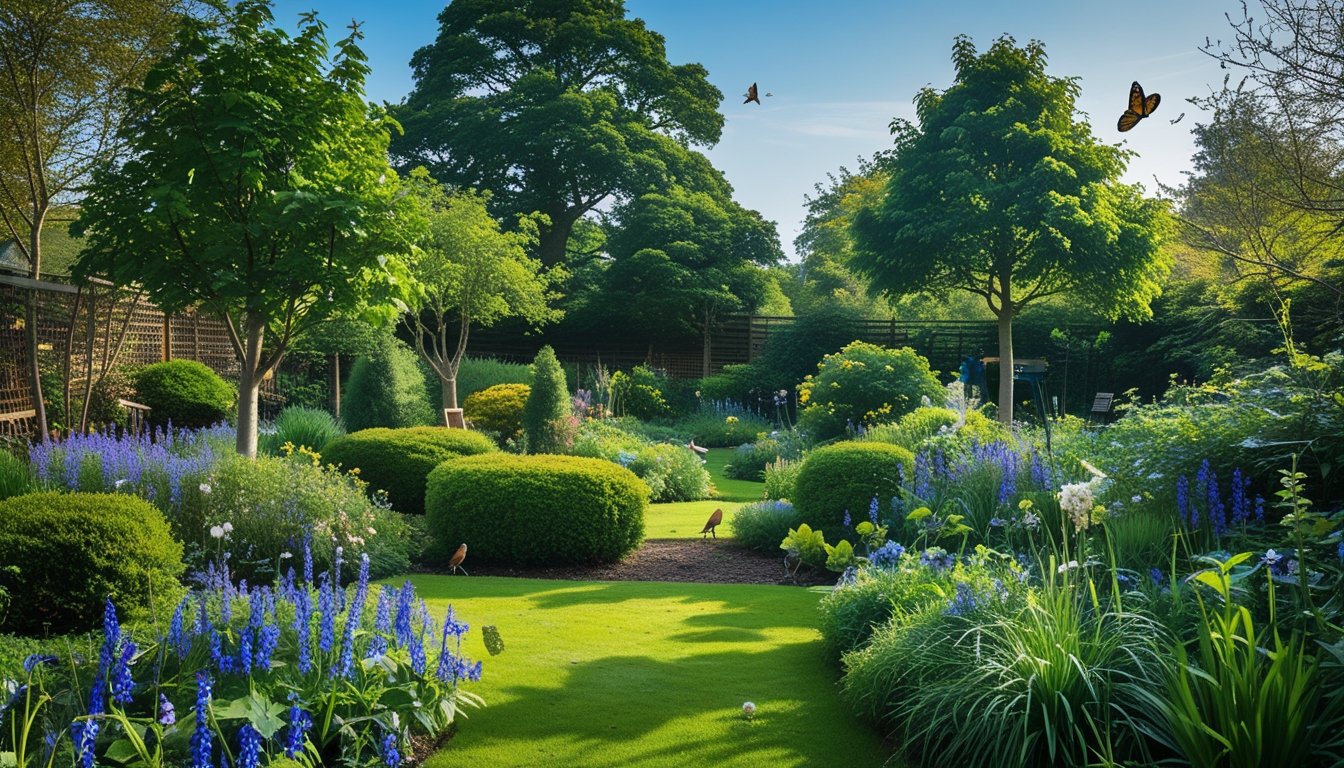 A UK garden with native trees, wildflowers, birds, and butterflies, showing a diverse and healthy natural environment.