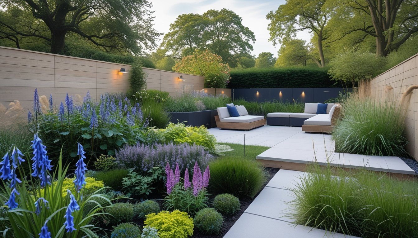 A modern garden space featuring native UK plants such as bluebells and foxgloves arranged among stone and wood elements with seating and mature trees in the background.