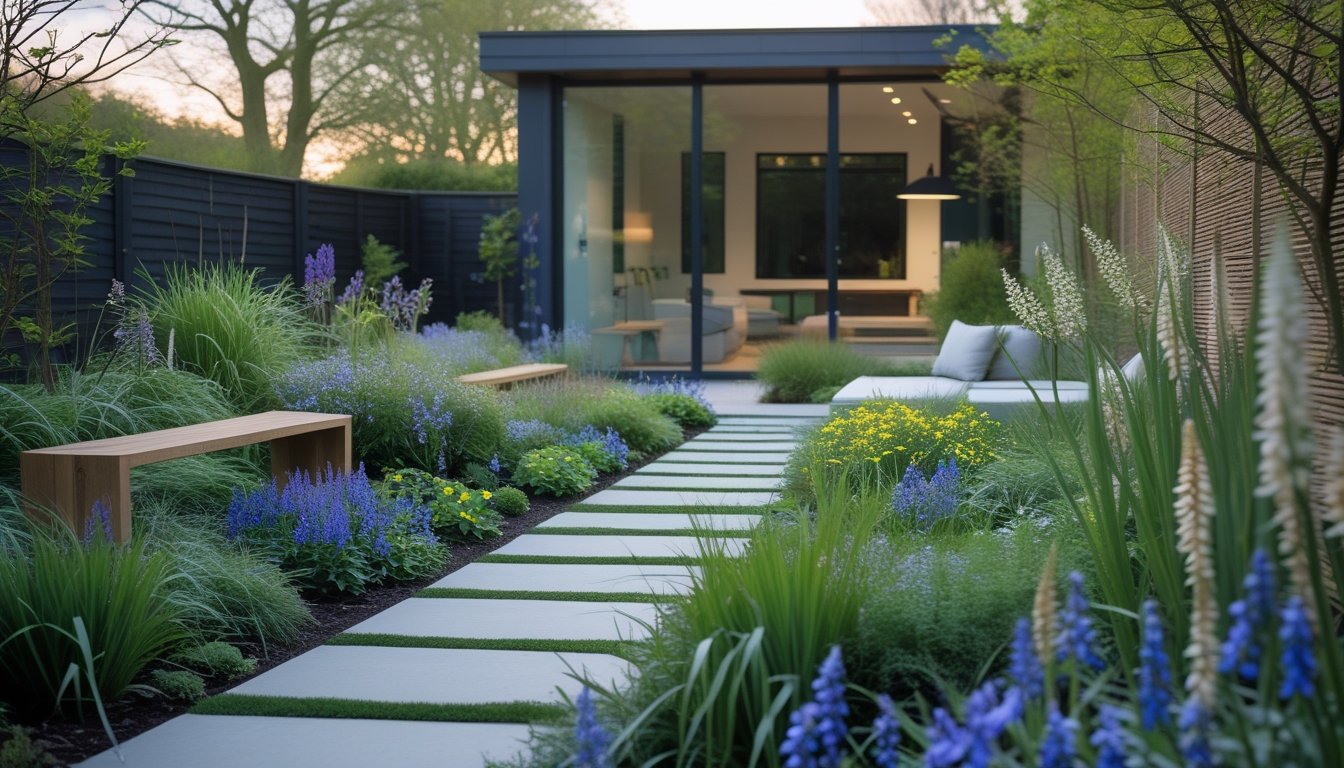 A modern garden in the UK with native plants like bluebells and foxgloves growing alongside stone paths and wooden benches near a house with large windows.