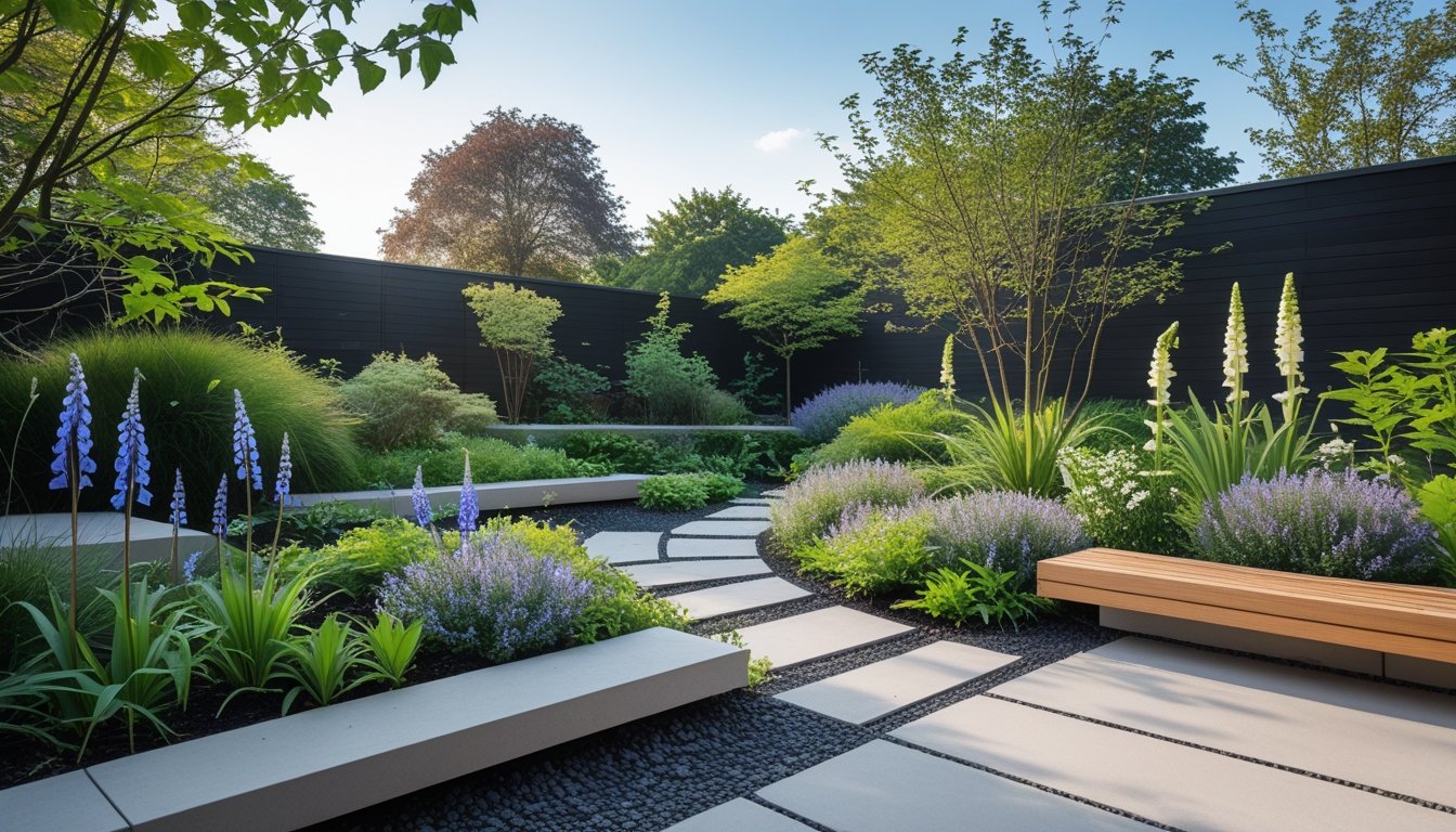 A modern garden with native UK plants including bluebells and foxgloves, featuring stone pathways and wooden benches under a clear sky.