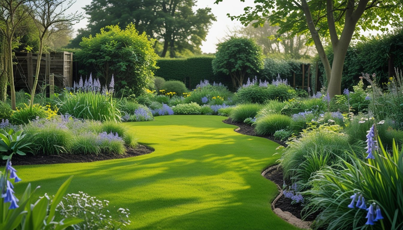 A green lawn with native UK plants, wildflowers, and shrubs in a garden surrounded by trees on a sunny day.