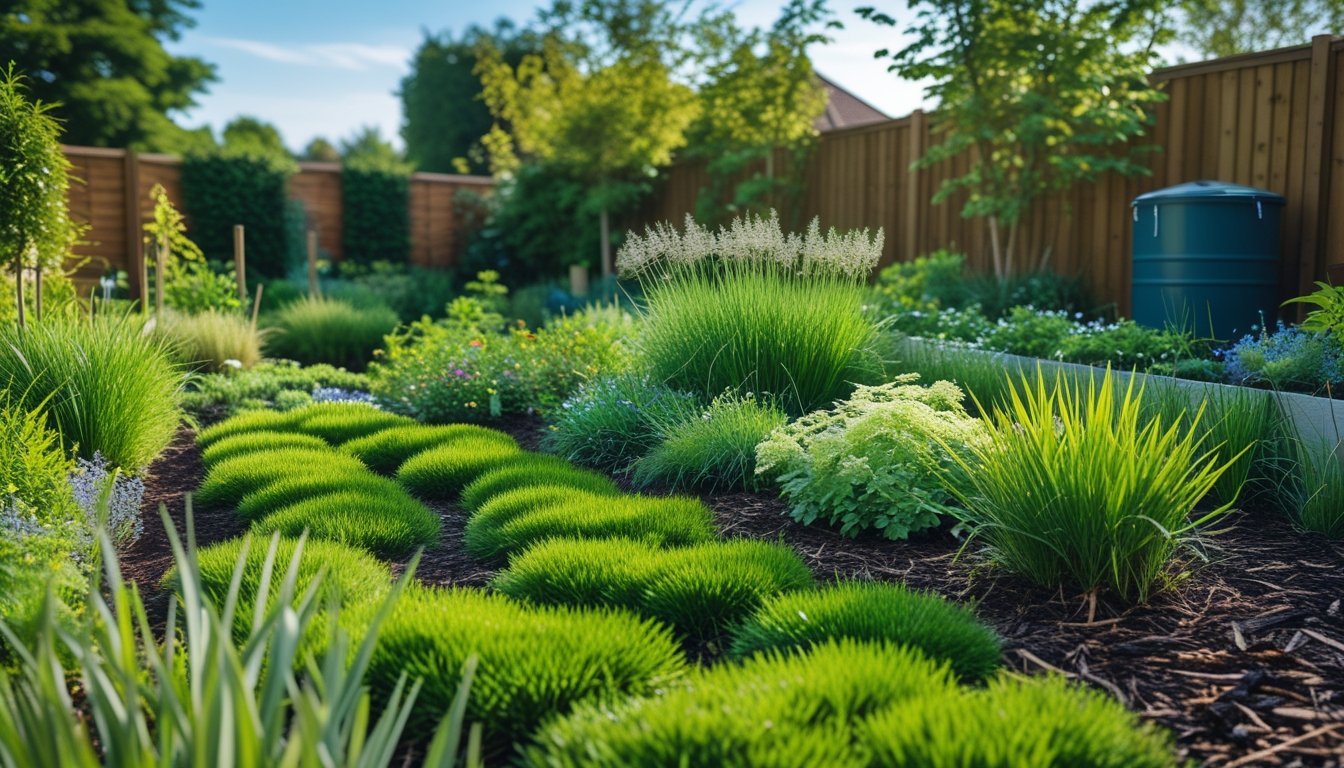 A garden with a lush lawn made of native UK plants, including grasses and wildflowers, surrounded by a wooden fence under a clear sky.