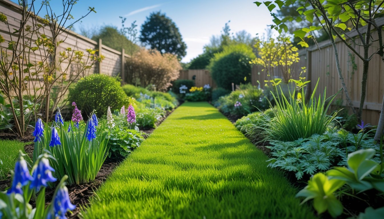 A green lawn with native UK plants and wildflowers, surrounded by shrubs and trees under a clear blue sky.