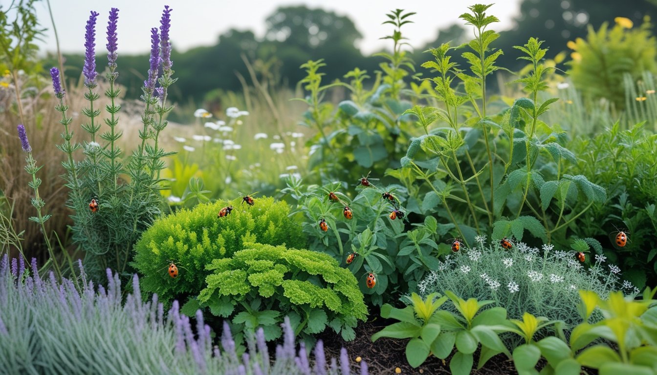 A UK native garden with various plants and beneficial insects helping control pests naturally.