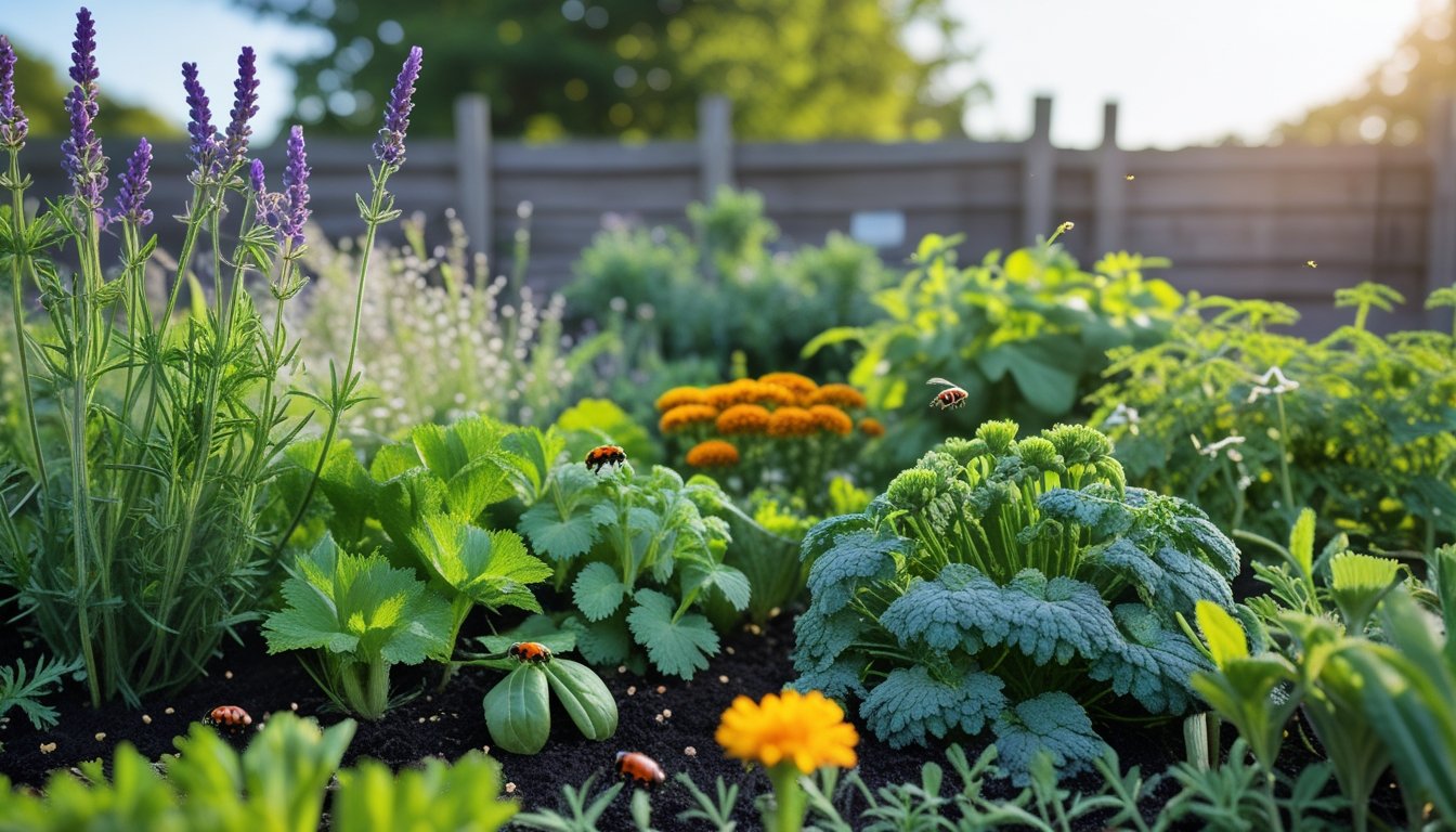 A garden with UK native plants like lavender and marigolds surrounding a vegetable patch, with ladybugs and bees on the plants.