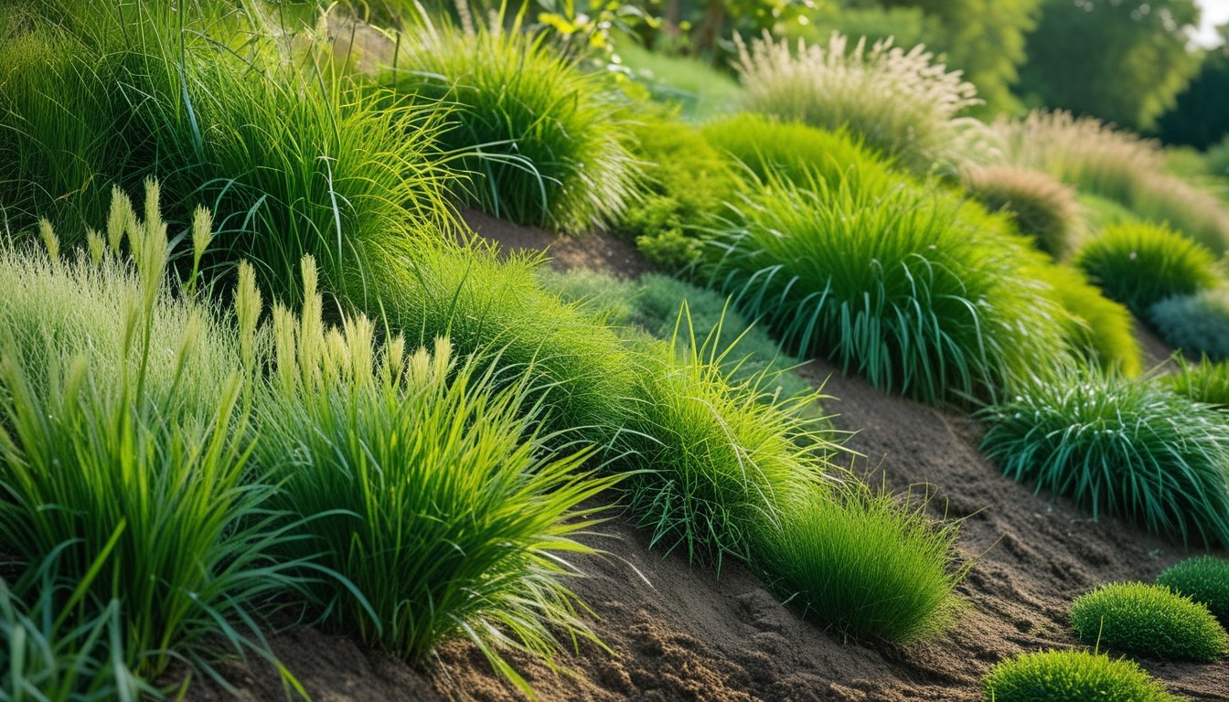 A garden slope covered with dense native UK grasses used to prevent soil erosion.