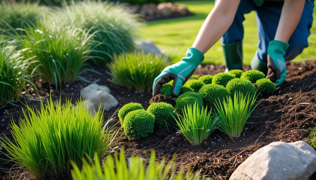 Hands planting native UK grasses on a garden slope to control soil erosion, surrounded by green plants and natural garden elements.