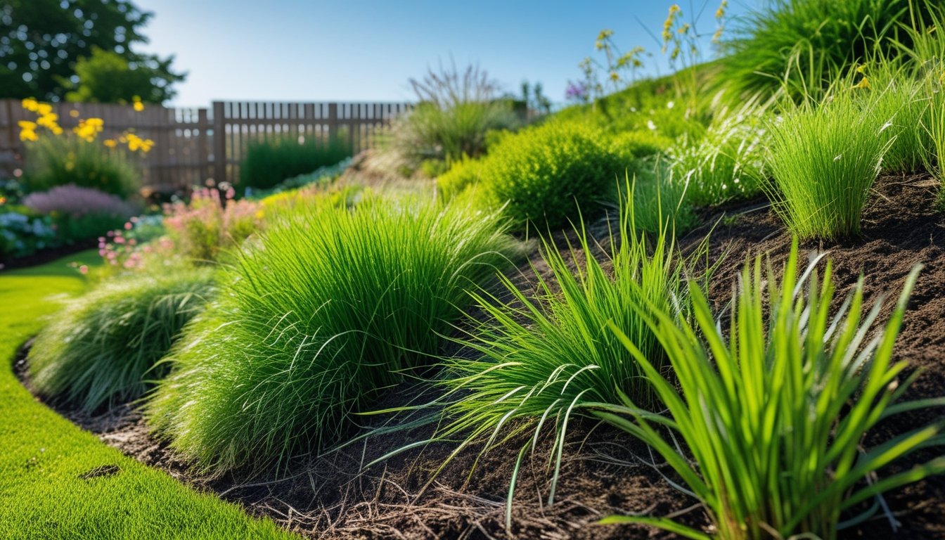 A garden slope planted with various native UK grasses showing dense green growth to prevent soil erosion, with a wooden fence and flowering plants in the background.