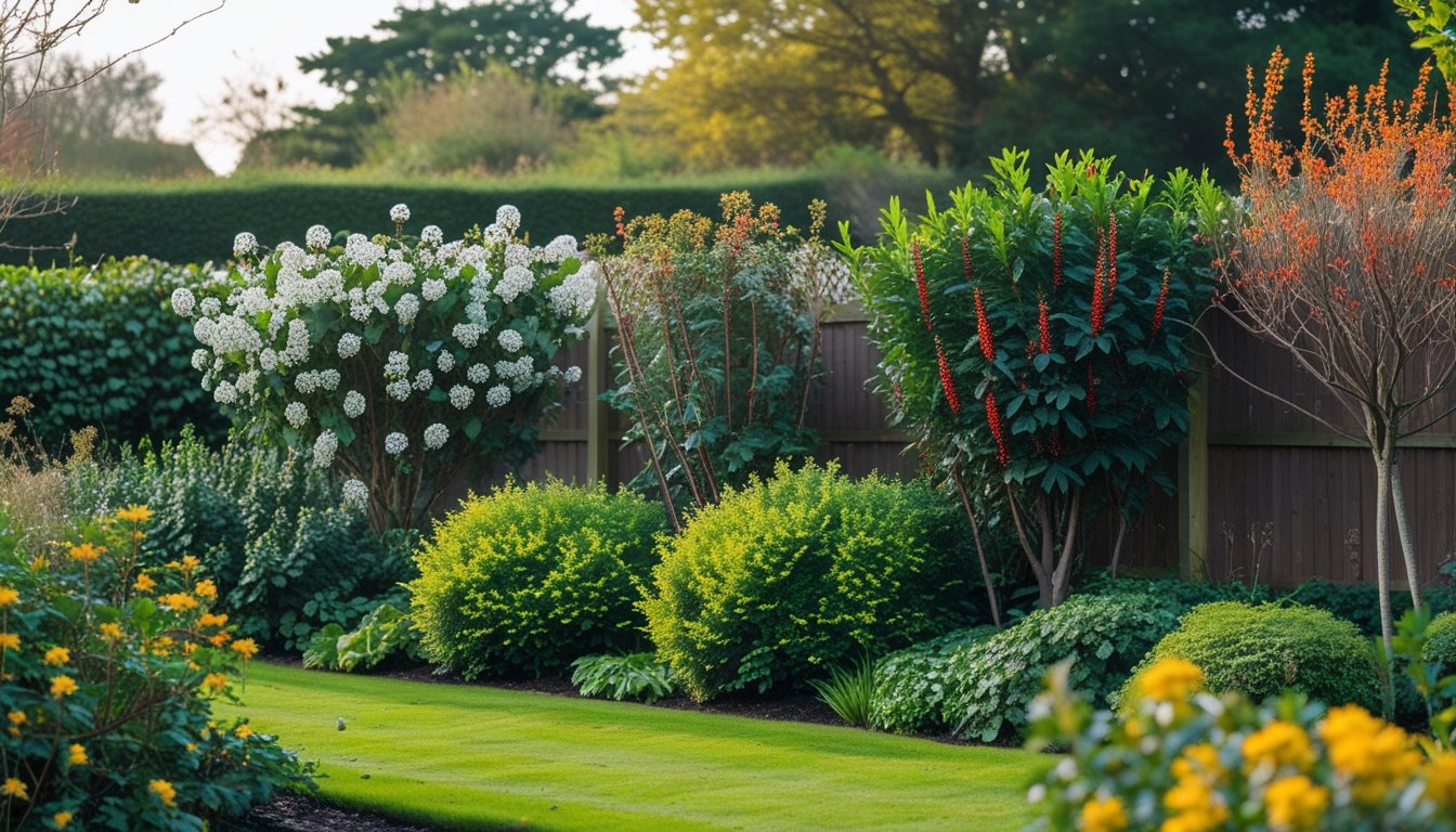 A garden with dense native UK plants including hawthorn, holly, dogwood, rowan trees, and gorse forming a natural privacy screen along a wooden fence.