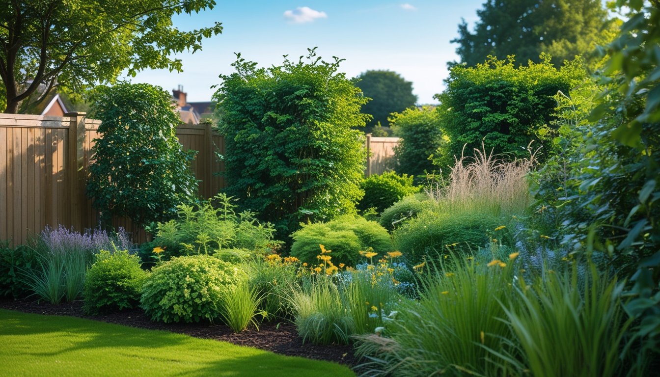 A garden with dense native UK plants and shrubs growing along a wooden fence, creating privacy and attracting wildlife like bees and butterflies.