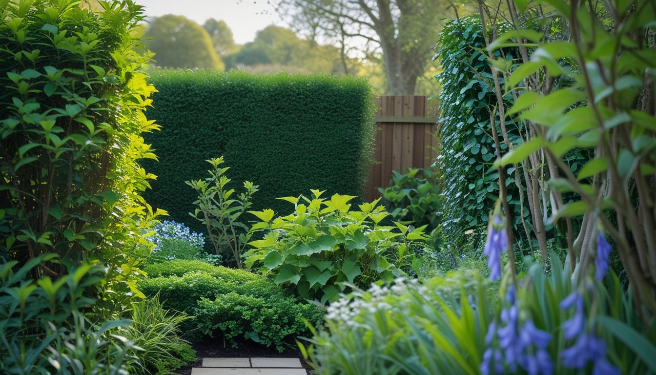 A garden with dense native UK plants and hedges providing natural privacy screening.