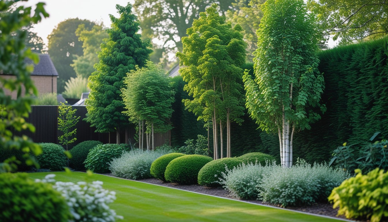 A garden bordered by tall native UK trees creating a natural privacy screen with green foliage and a well-kept lawn.