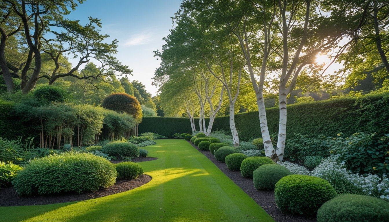 A garden with native UK trees like oak, birch, and holly providing a natural privacy screen along the boundary under a clear blue sky.